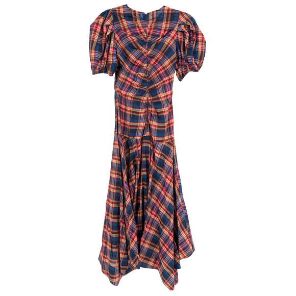Ulla Johnson Heleen Puff Sleeve Silk Cotton Plaid Asymmetric Midi Dress Size 2 - Picture 9 of 13
